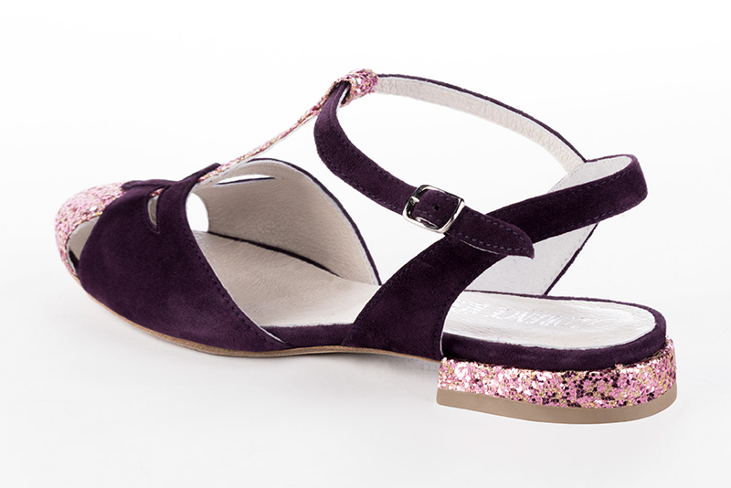 Carnation pink and amethyst purple women's open back T-strap shoes. Round toe. Flat block heels. Rear view - Florence KOOIJMAN